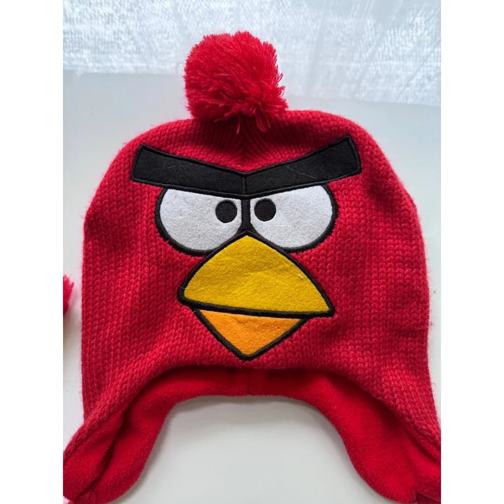 Angry Birds Red Bird Knit Trapper Hat Beanie Fleece Lined Earflap Rovio Pom Pom
